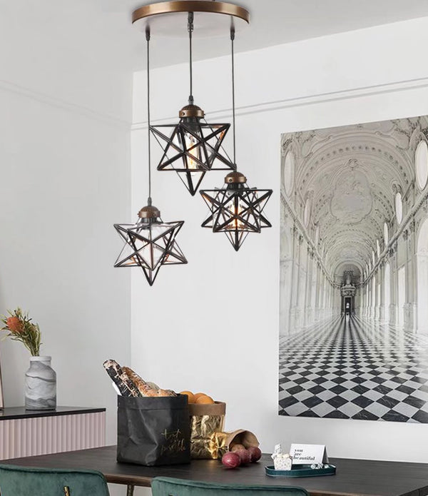 Brown Metal and Glass Star Geometric Hanging Lamp