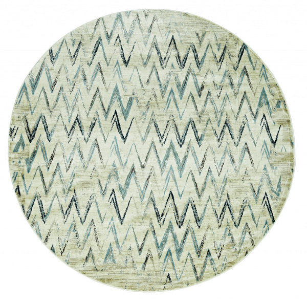 8" Round Beige Blue Distressed Chevron Area Rug