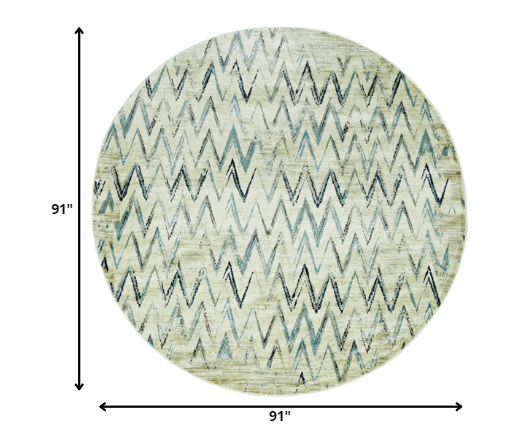 8" Round Beige Blue Distressed Chevron Area Rug