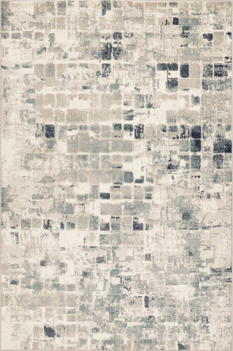 8" x 11" Beige Blue Abstract Tiles Distressed Area Rug