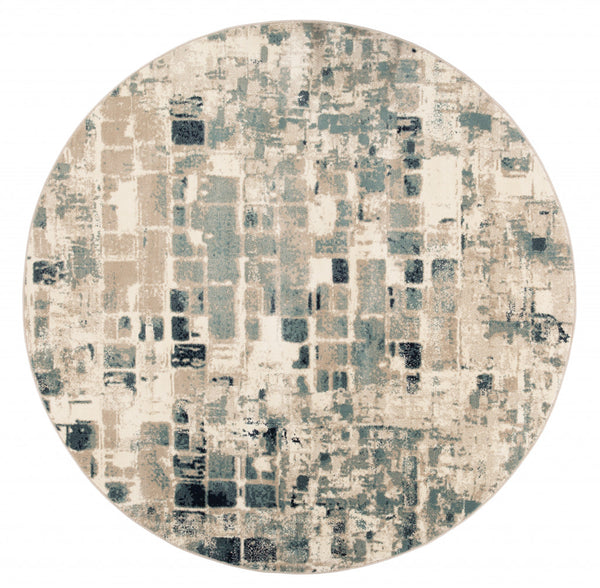 8" Round Beige Blue Abstract Tiles Distressed Area Rug