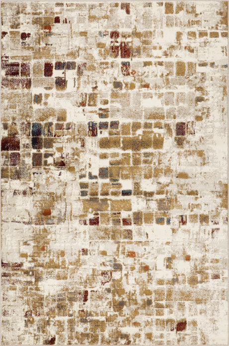 8" x 11" Brown Beige Abstract Tiles Distressed Area Rug