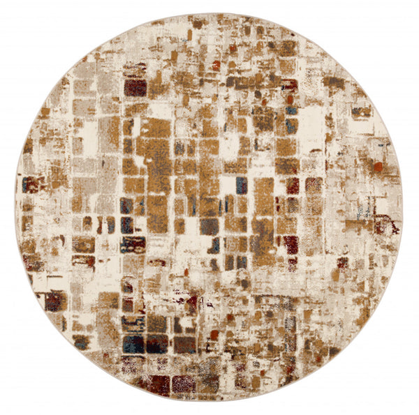 8" Round Brown Beige Abstract Tiles Distressed Area Rug