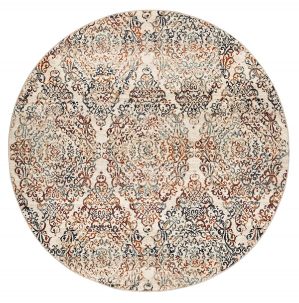 8" Round Ivory Brown Decorative Diamond Area Rug