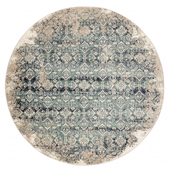 8" Round Beige Blue Distressed Diamonds Area Rug