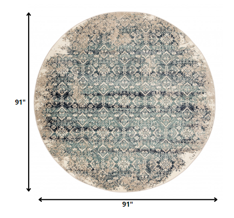 8" Round Beige Blue Distressed Diamonds Area Rug