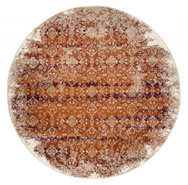 8" Round Rust Ivory Distressed Diamonds Area Rug