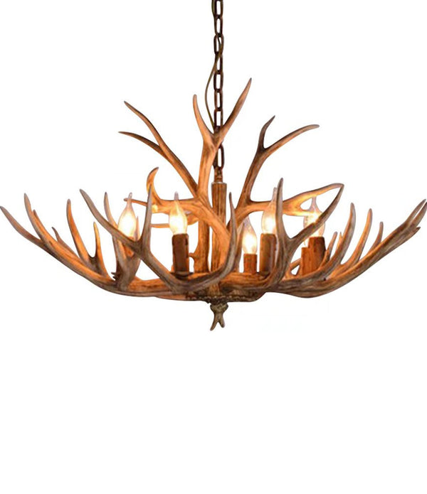 Brown Super Stag Faux Antlers Six Light LED Chandelier