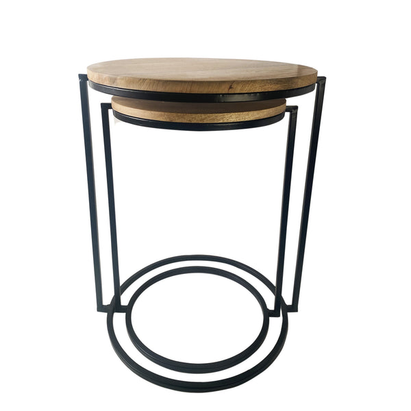 Set of Two Natural Wood and Black Geo Circle Nesting End Tables