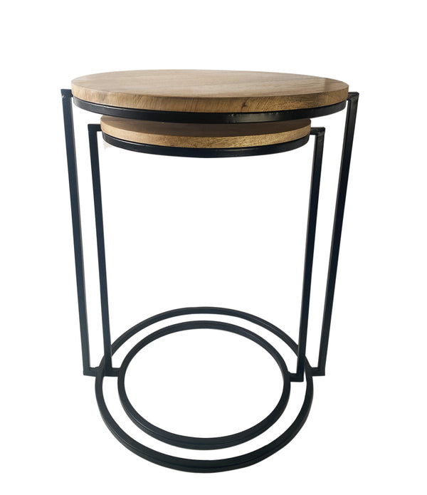 Set of Two Natural Wood and Black Geo Circle Nesting End Tables