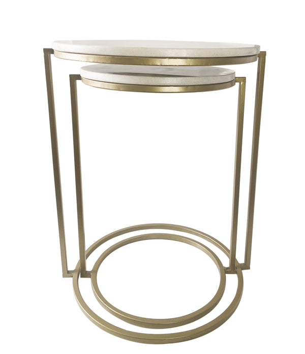 Set of Two White Marble and Gold Geo Circle Nesting End Tables