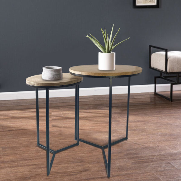 Set of Two Natural Wood and Black Geo Tri Nesting End Tables