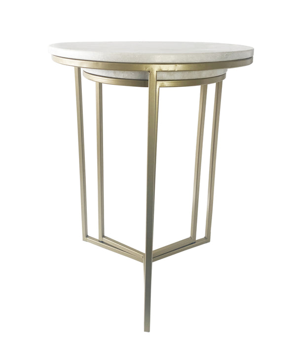 Set of Two Wide White Marble and Gold Geo Tri Nesting End Tables