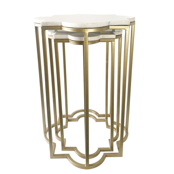 Set of Two White Marble and Gold Quatrefoil Nesting End Tables