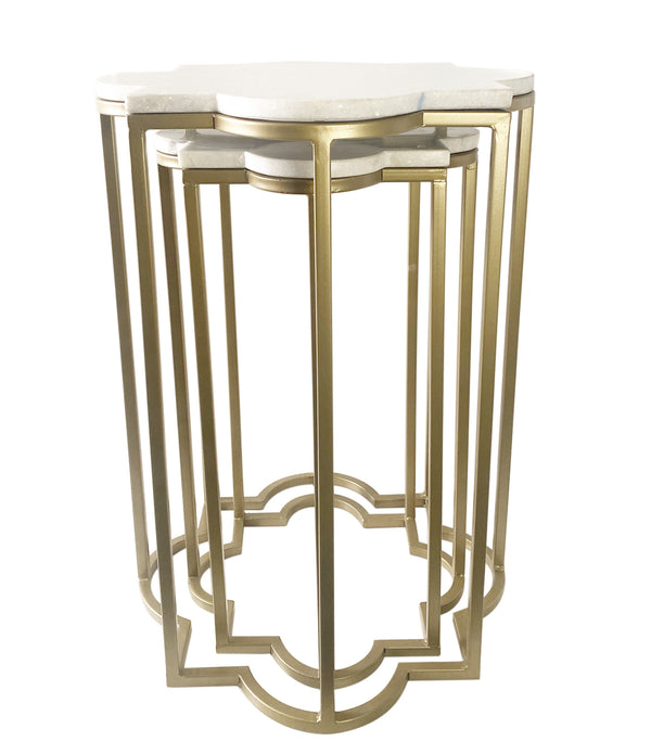 Set of Two White Marble and Gold Quatrefoil Nesting End Tables