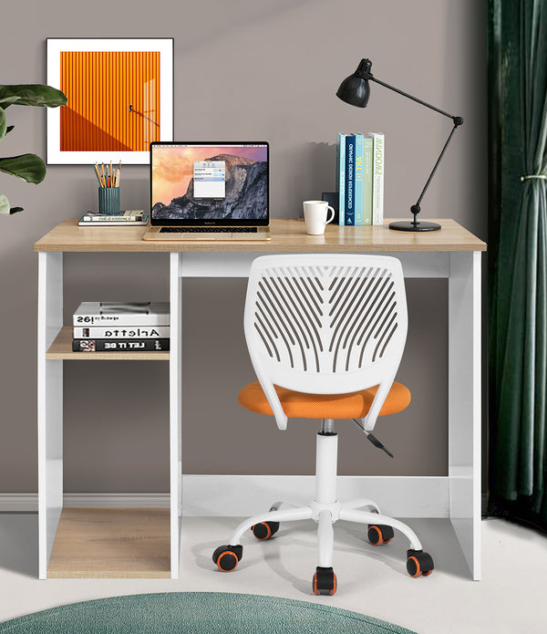 Modern Geo Oak and White Computer Table With Storage Shelves