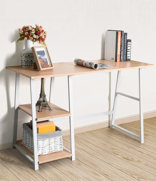 Modern Geo Beech Home Office Table With Storage Shelves