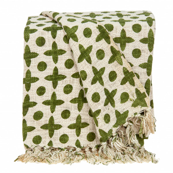 Olive Green and Beige Cotton Woven Handloom Throw