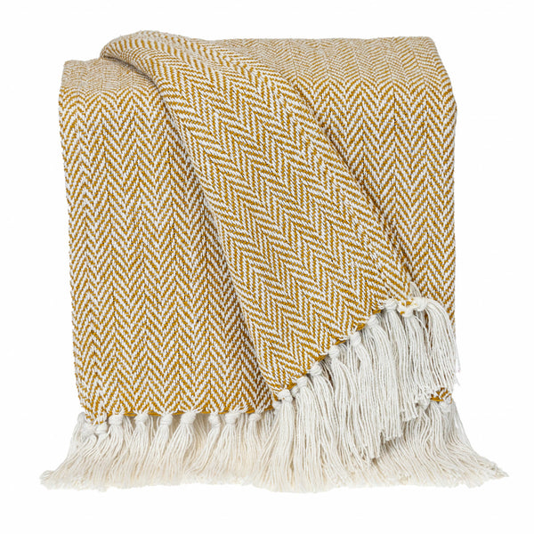 Handloomed Yellow Ochre Cotton Throw Blanket with Tassels