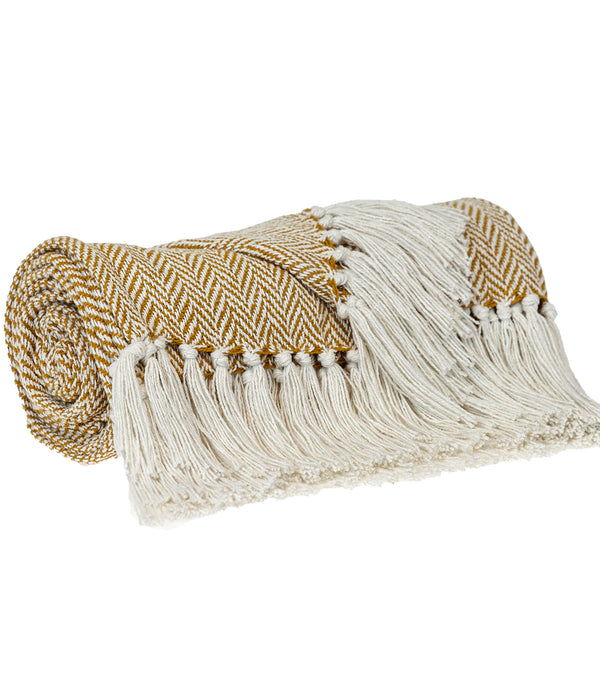 Handloomed Yellow Ochre Cotton Throw Blanket with Tassels