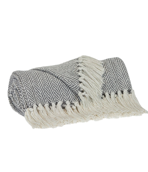 Handloomed Light Gray Cotton Throw Blanket with Tassels