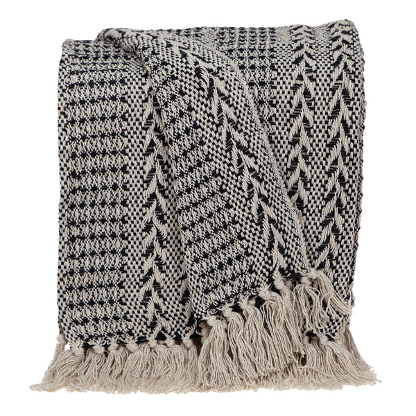 Black and Beige Herringbone Woven Throw Blanket