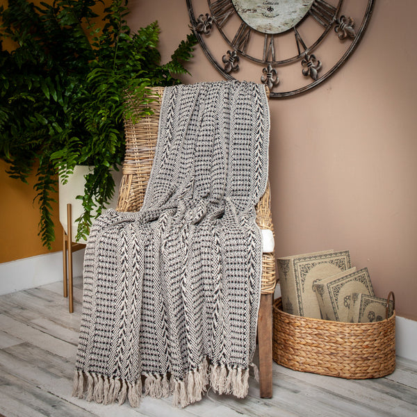 Black and Beige Herringbone Woven Throw Blanket