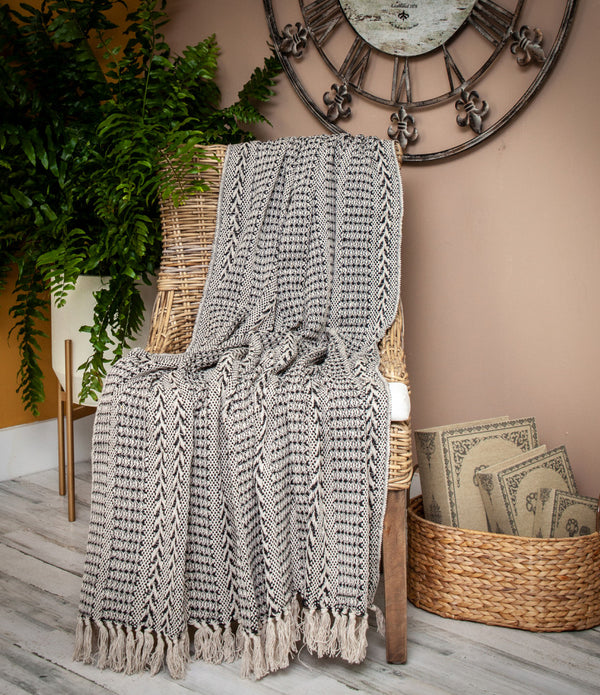 Black and Beige Herringbone Woven Throw Blanket