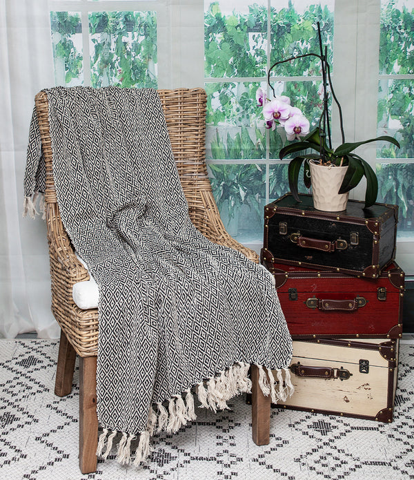 Boho Black and Beige Woven Diamond Pattern Throw with Tassels