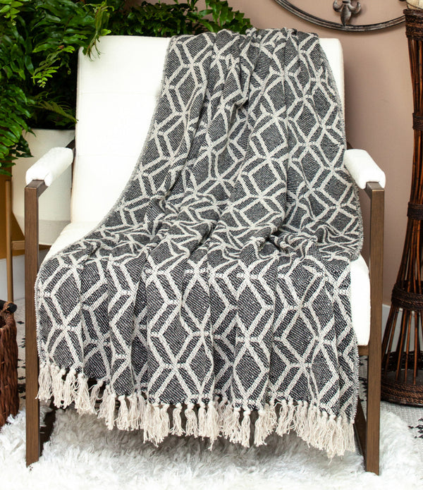 Grey and Beige Handloom Geometric Woven Throw Blanket