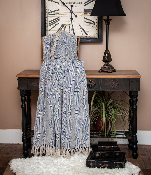 Blue and Beige Woven Handloom Throw with Tassels