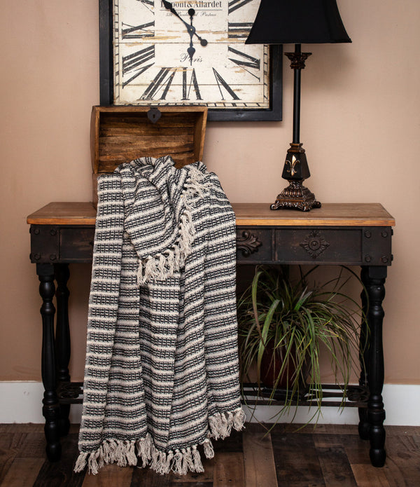 Black and Beige Striped Woven Handloom Throw Blanket