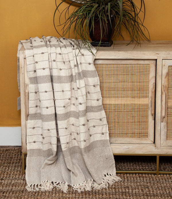 Tufted Beige Fringed Woven Handloom Throw