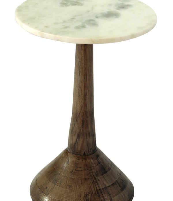 White Marble and Dark Mango Pedestal End or Side Table