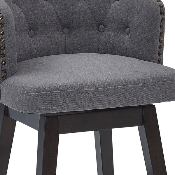 26" Grey Tufted Fabric and Dark Espresso Wood Swivel Bar Stool