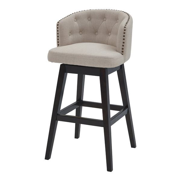 26" Tan Tufted Fabric and Dark Espresso Wood Swivel Bar Stool